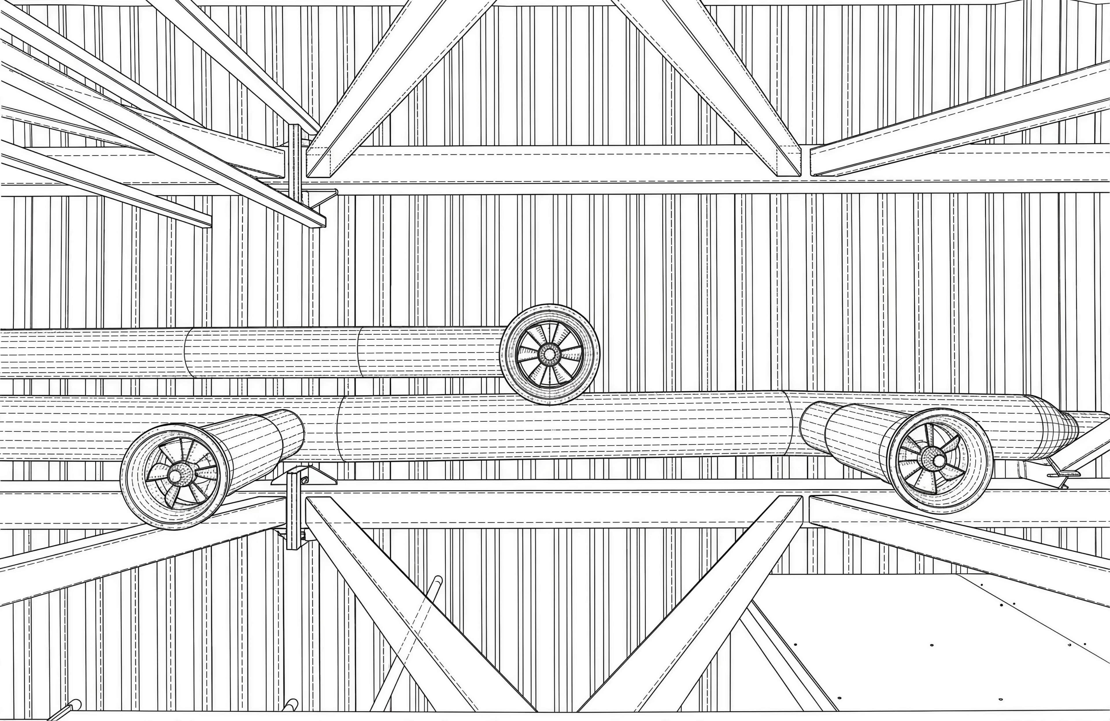 Aircraft and rocket bodies on trestles inside a hangar